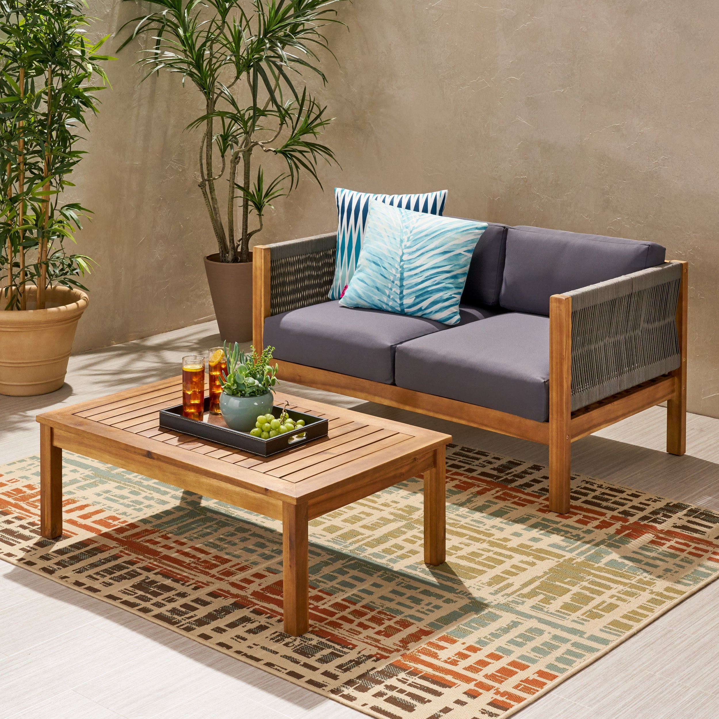 Outdoor Loveseat Set Acacia Wood Rattan Rope Teak Cushion 2 Piece