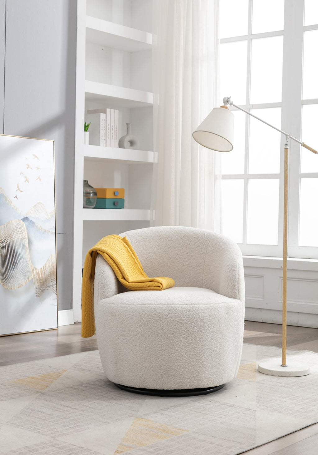 Accent Chair Swivel Barrel Teddy Fabric Ivory Black Ring Base 360 Degree 250 LB