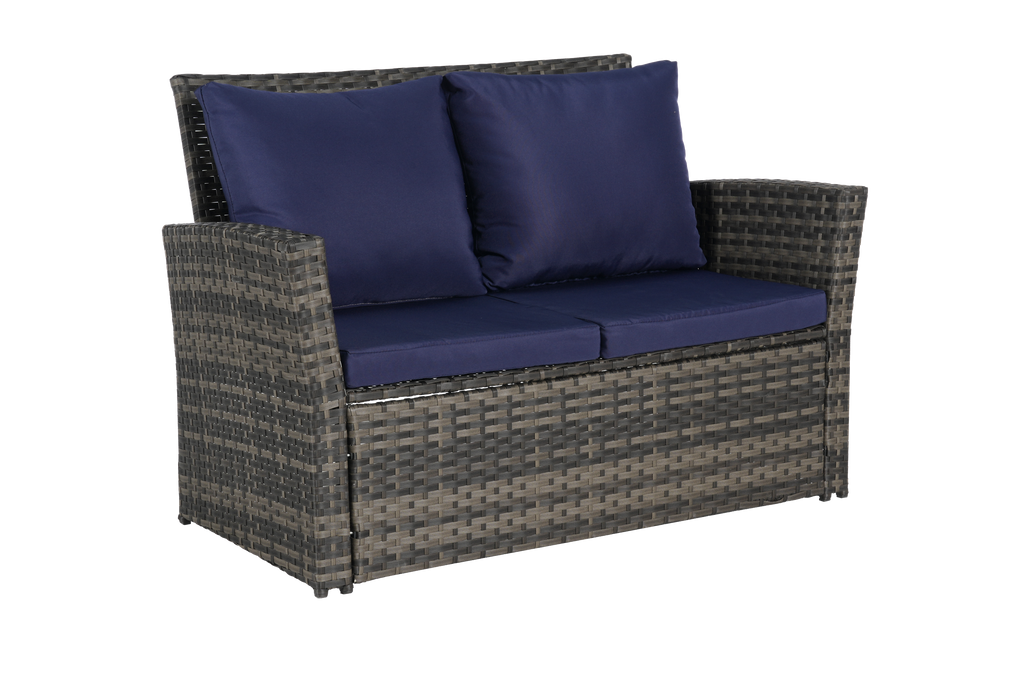 Outdoor Patio Set PE Rattan Steel Dark Blue 4 Piece Glass Seats 4