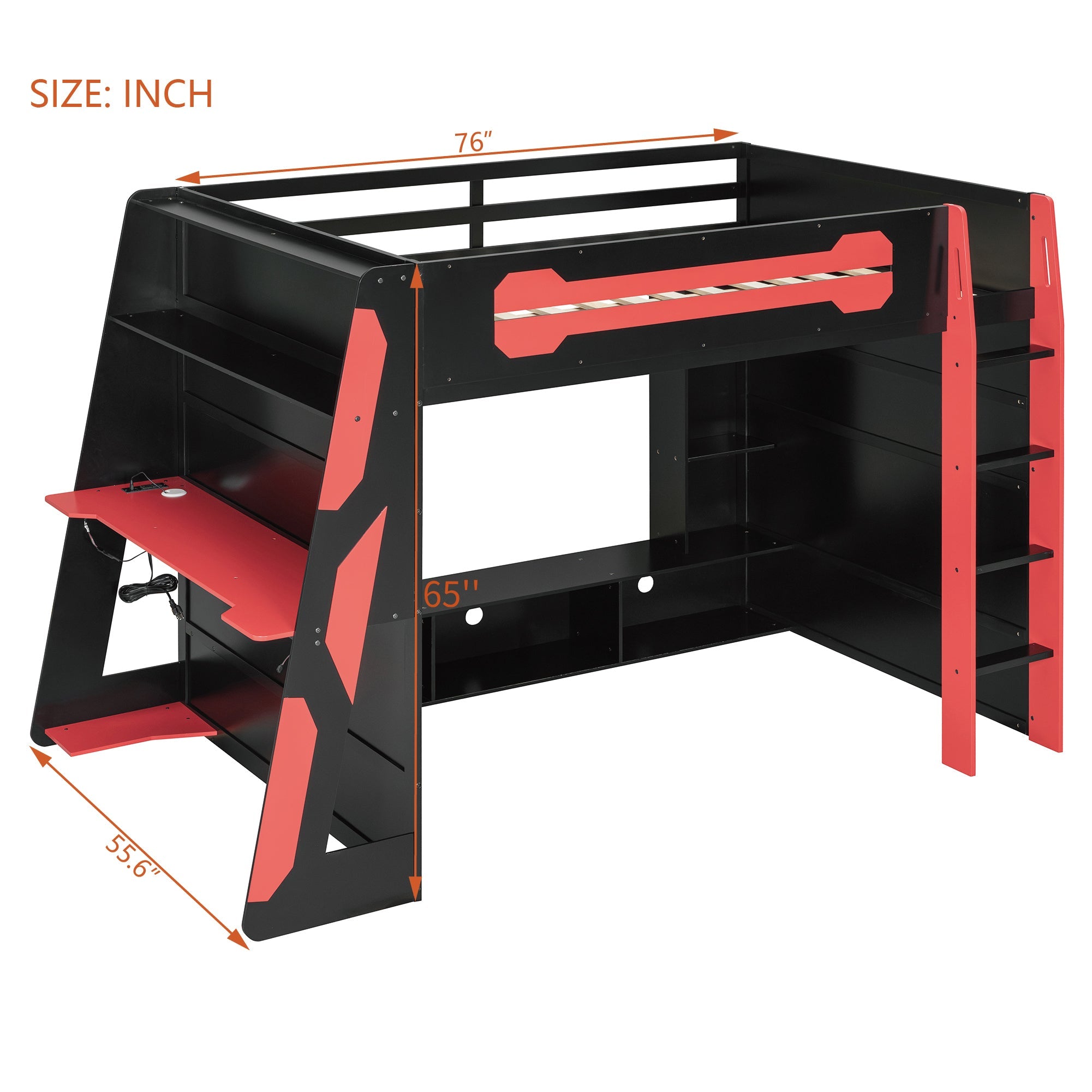 Full Size Wood Loft Bed with Desk, Multi-storage Shelves and RGB Light, Red