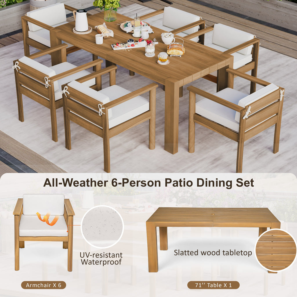 Outdoor Dining Set Acacia Wood Light Teak 7 Piece Rectangle Seats 6