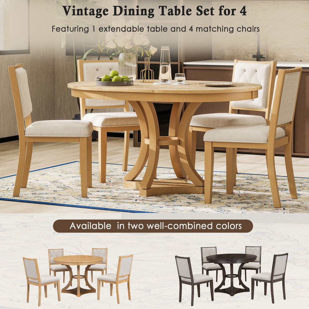 5-Piece Retro Functional Dining Table Set Extendable Round Table and 4