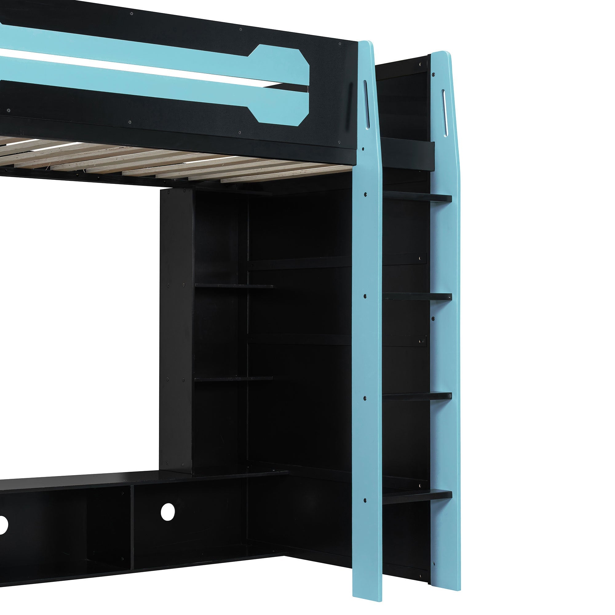 Twin Size Wood Loft Bed with Desk, Multi-storage Shelves and RGB Light, Cloud