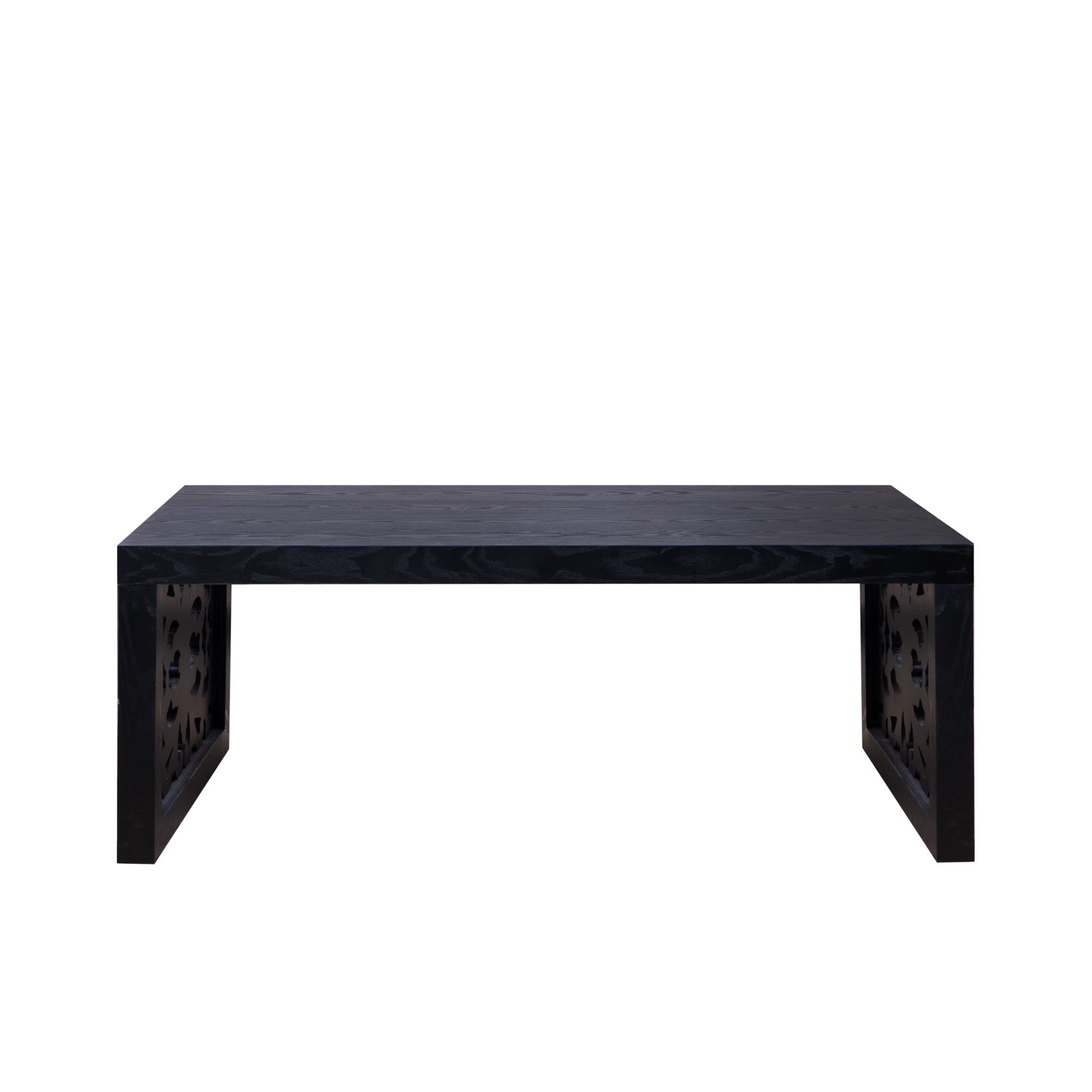 47.2 in Solid Black Carved Wood Coffee Table, Handcrafted Ornate Side Panels