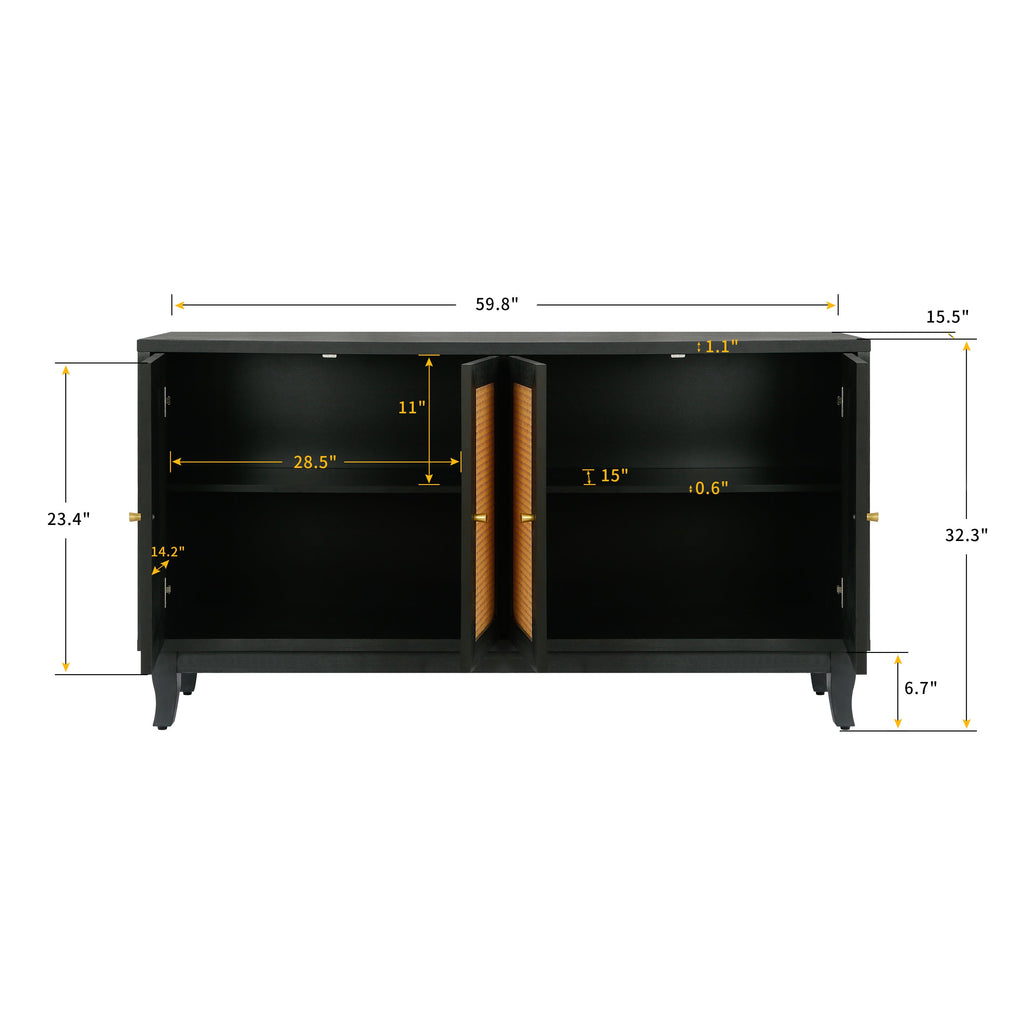 Rattan Sideboard Buffet Cabinet with 4 Rattan Doors, Antique Dark Grey
