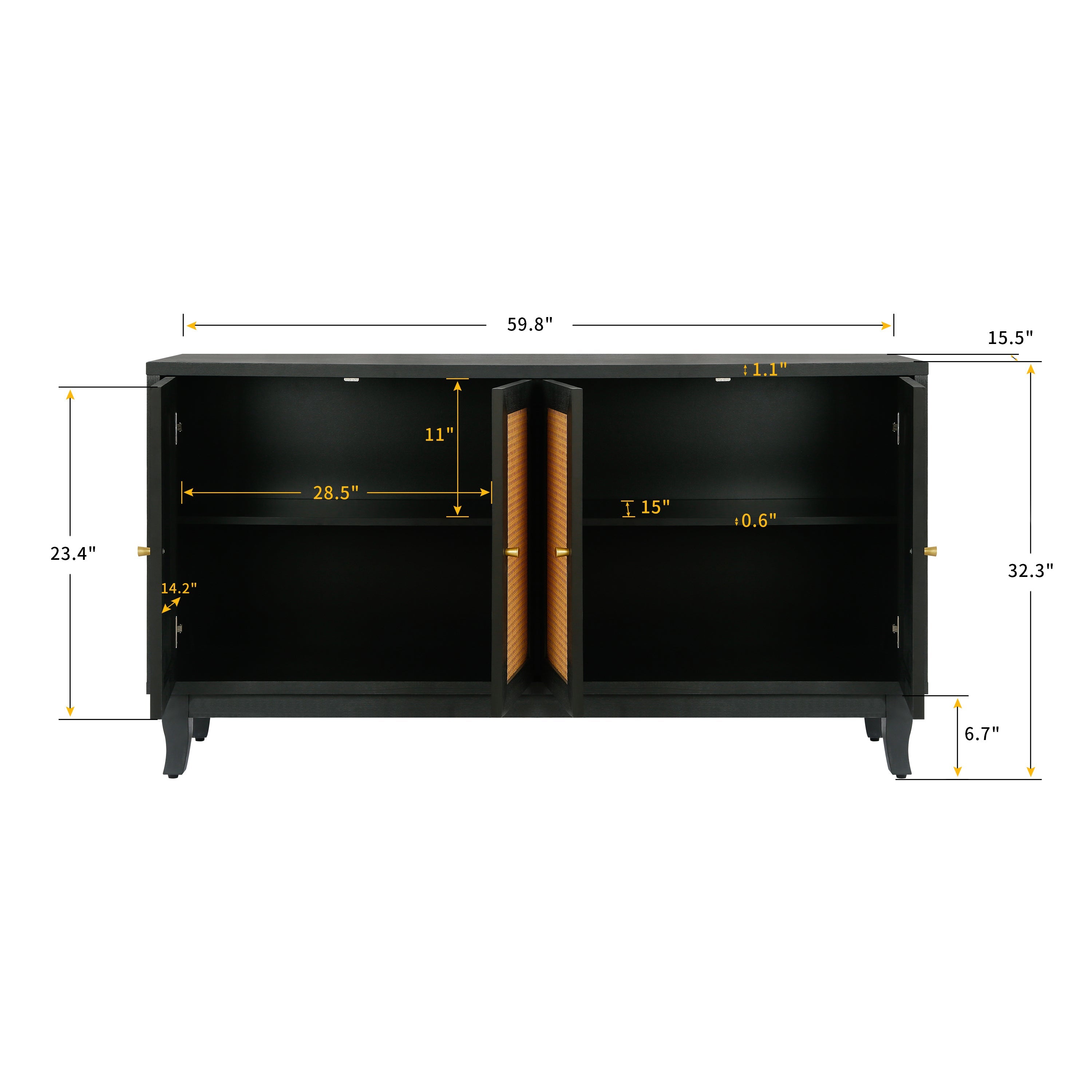 Rattan Sideboard Buffet Cabinet with 4 Rattan Doors, Antique Dark Grey