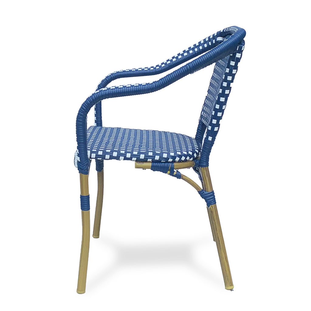 Outdoor Bistro Chair Set of 2, Rattan Wicker Aluminum Frame, White and Navy
