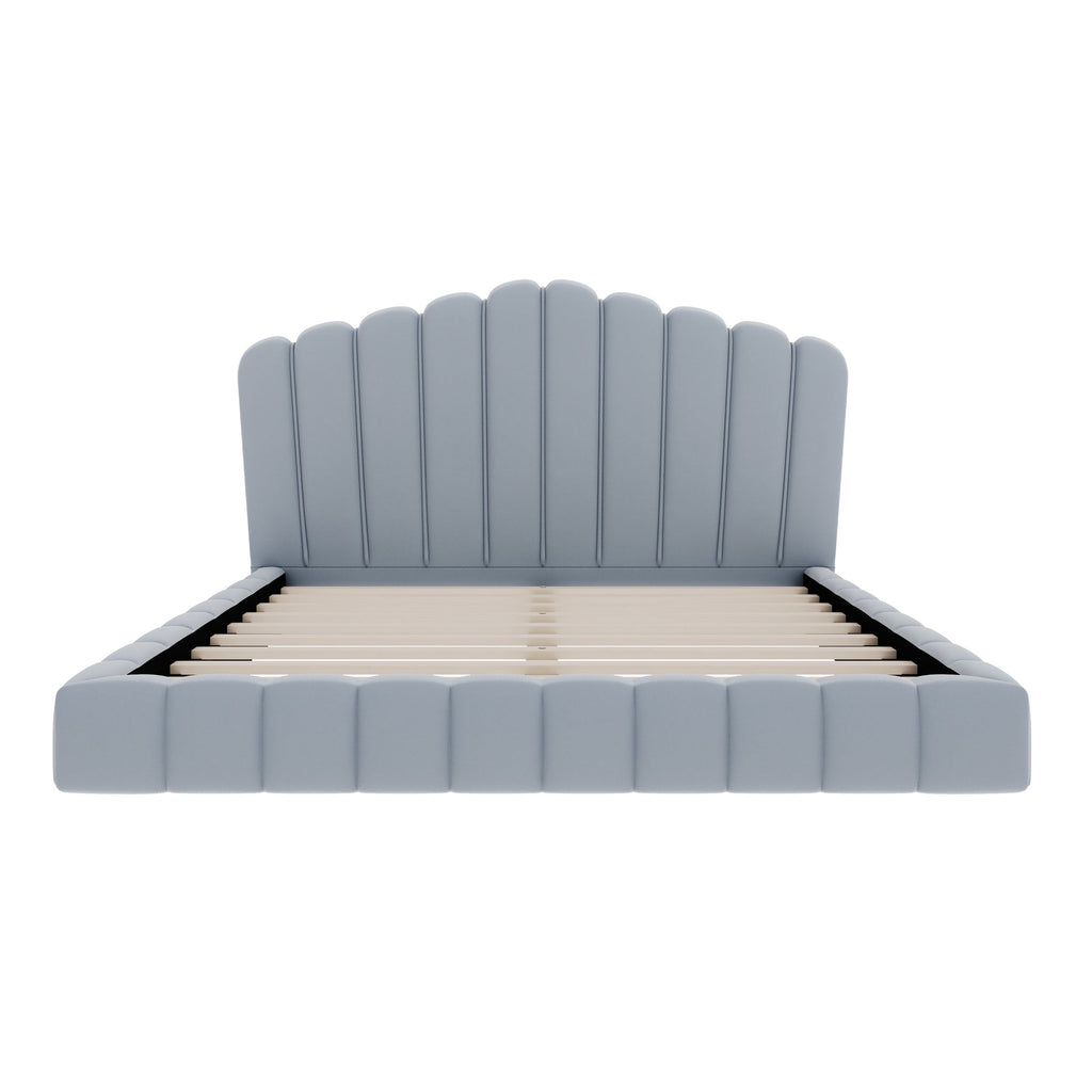 Velvet Upholstered Queen Bed Frame with Shell-Shaped Headboard, Light Blue