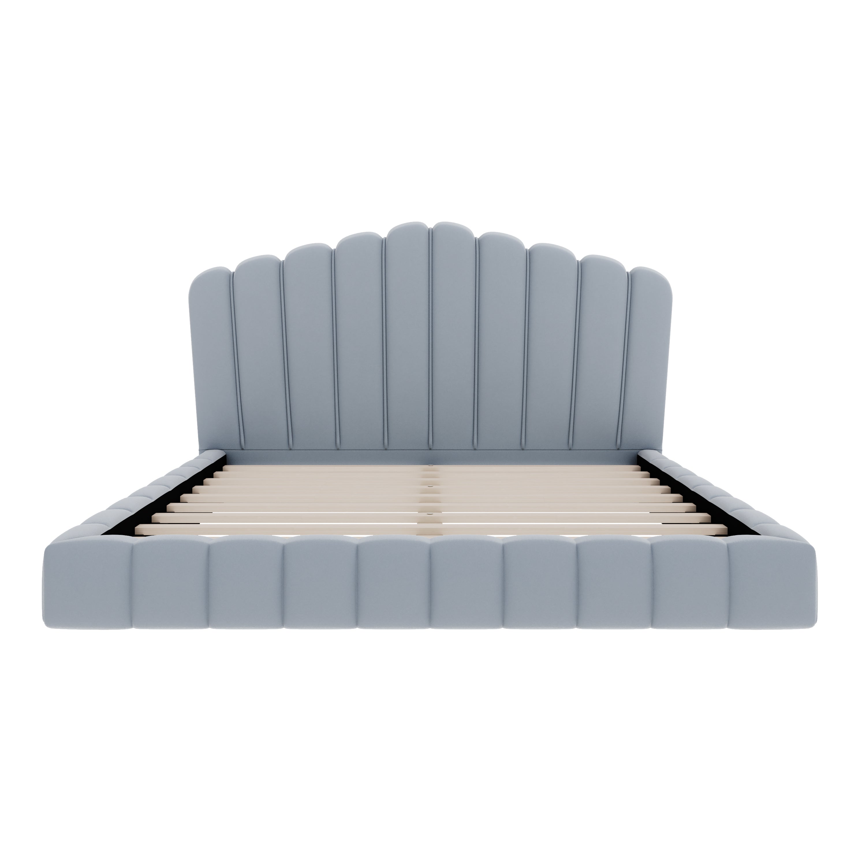 Velvet Upholstered Queen Bed Frame with Shell-Shaped Headboard, Light Blue
