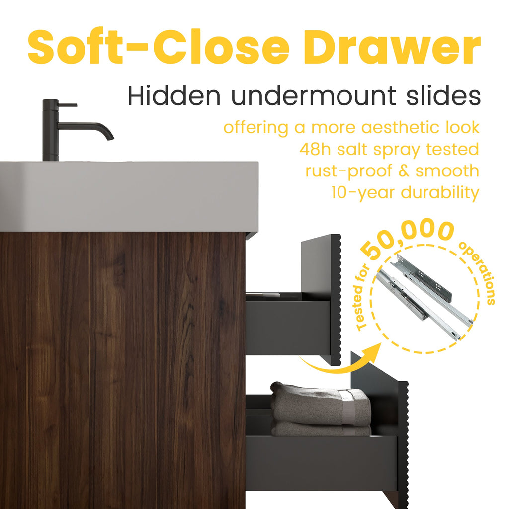 72'' Double Bathroom Vanity with Matt Black Quartz Sink Soft Black Drawers Wall Mount