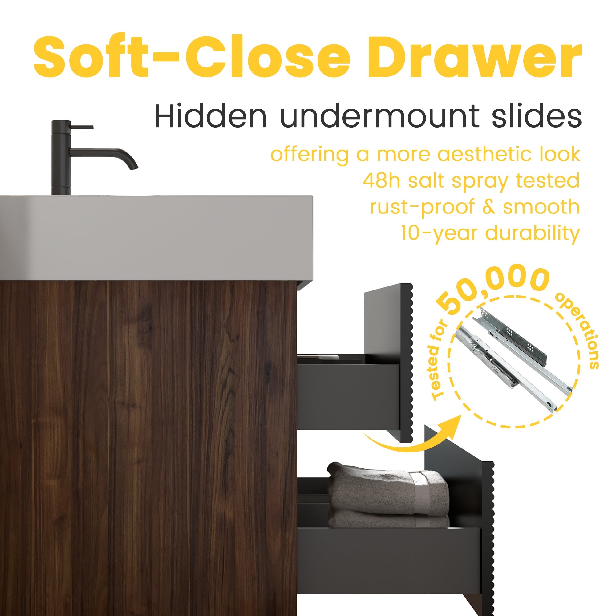72'' Double Bathroom Vanity with Matt Black Quartz Sink Soft Black Drawers Wall Mount