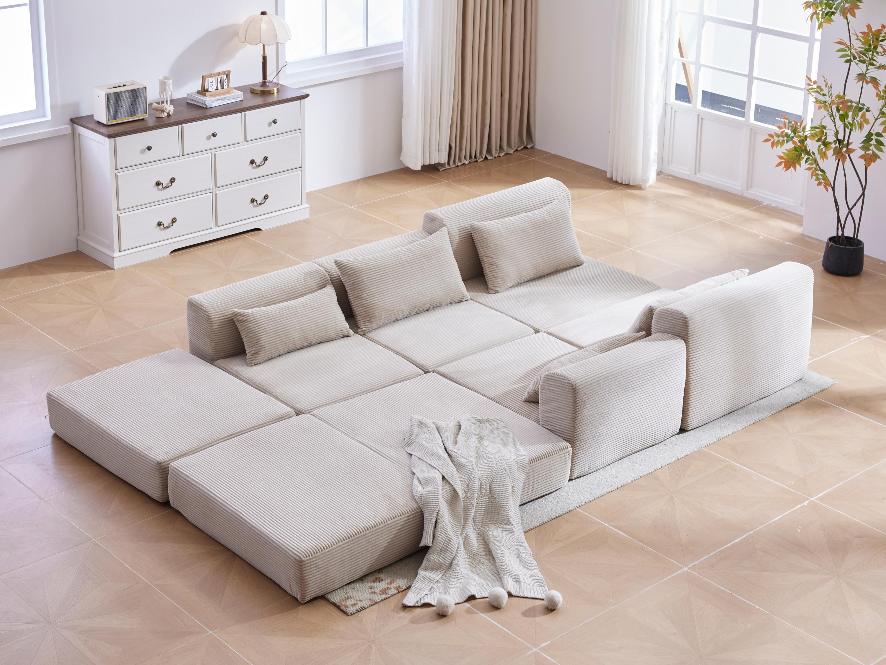 Sectional Sofa L-Shape Fabric Camel 4 Seat 100 In 5 Pillows No Assembly