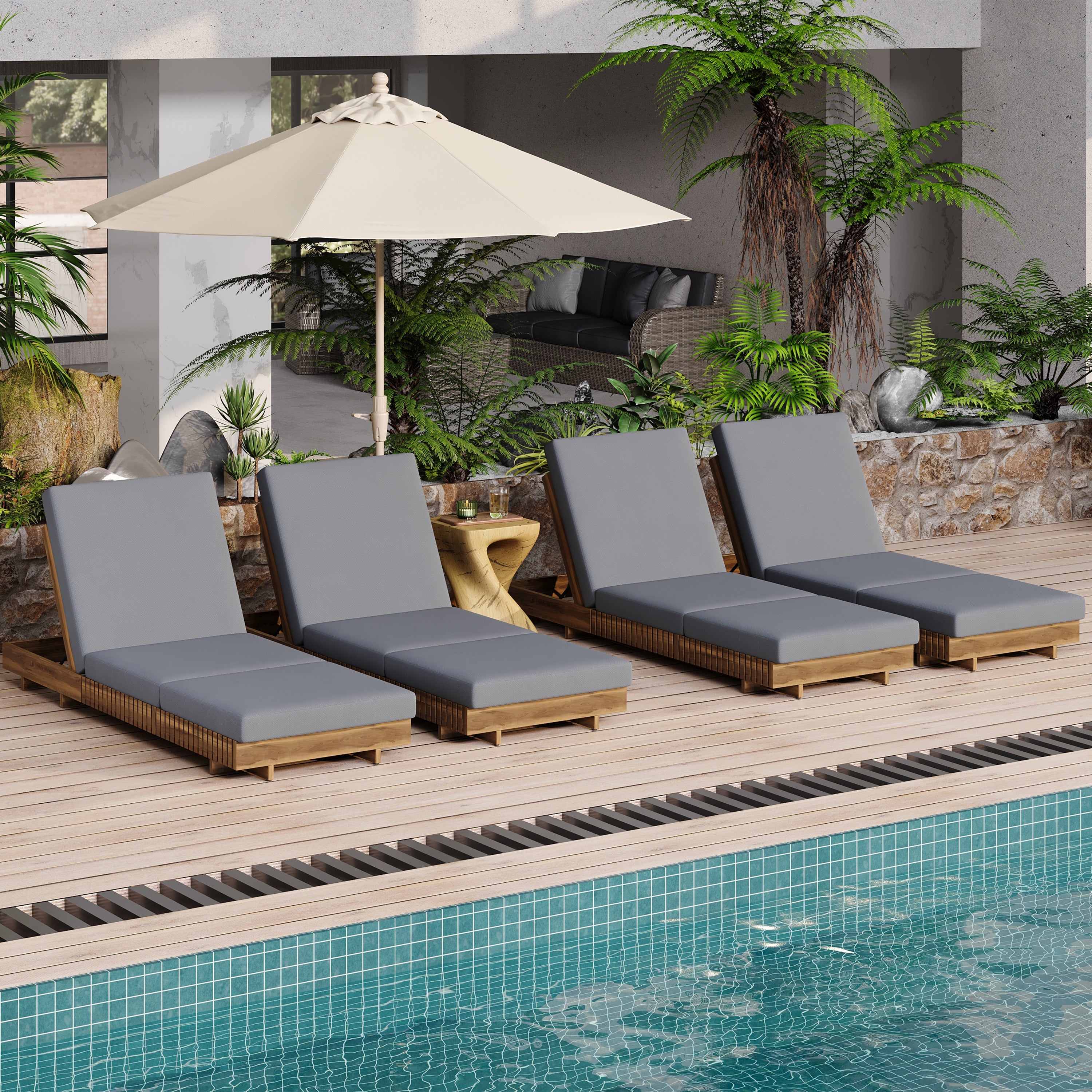 Outdoor Chaise Lounge Acacia Wood Dark Gray 6 Position Adjustable