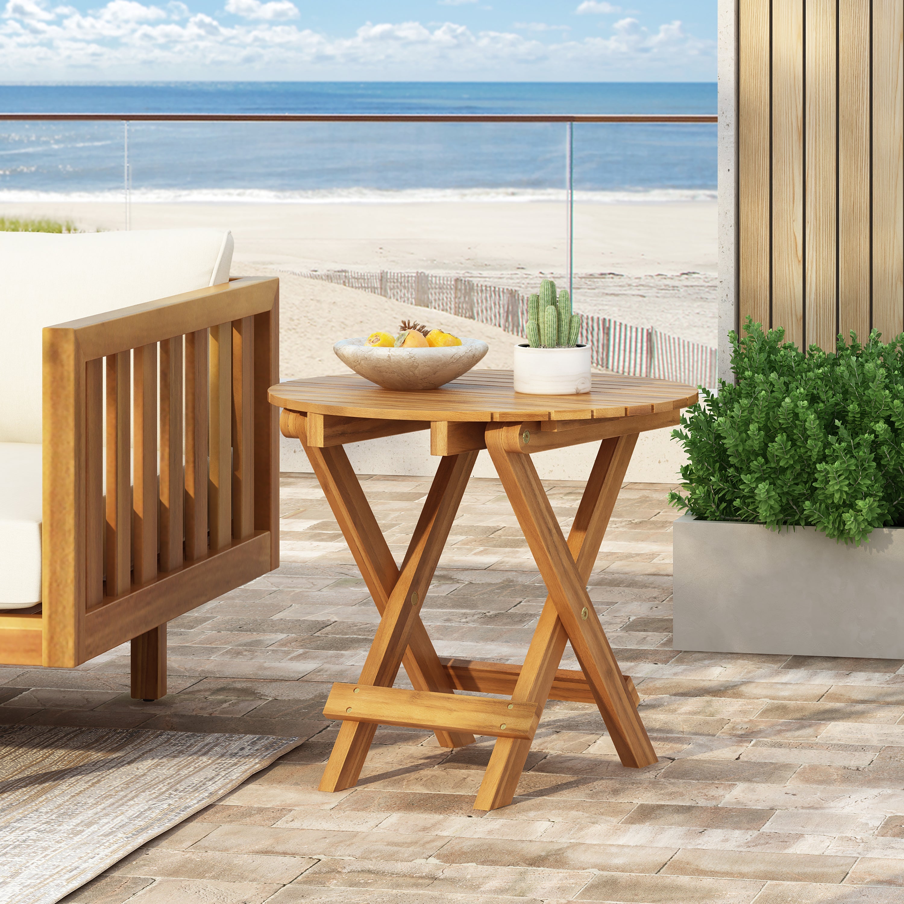 Outdoor Conversation Set Acacia Wood Teak Dark Gray Cushion 3 Piece