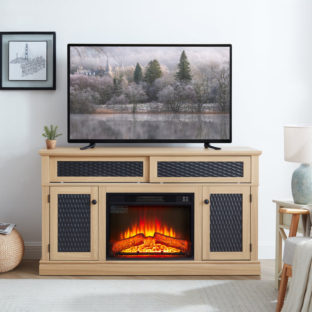 TV Stand Fireplace Light Oak MDF Embossed Doors 1400W Fits 65 In TV 58.27 In
