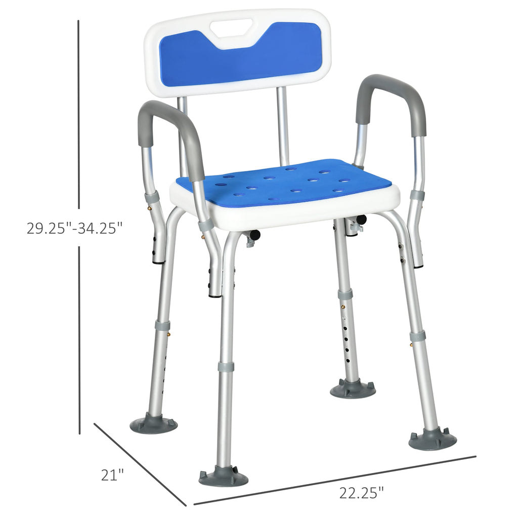 Shower Chair EVA Padded Back Arms Aluminum 299 LB 6-Level Adjustable Blue