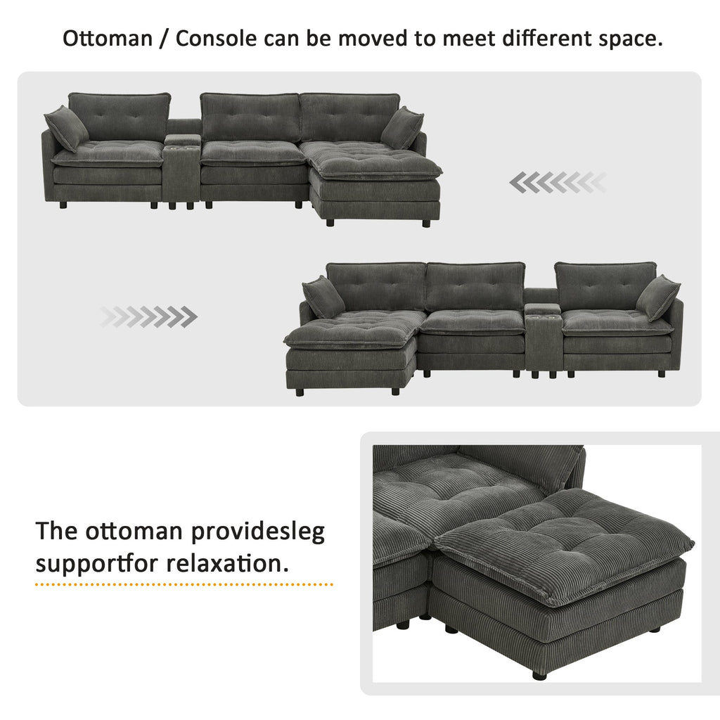 Sectional Sofa L-Shape Corduroy Gray 4 Seat USB Ports Ottoman 119 In