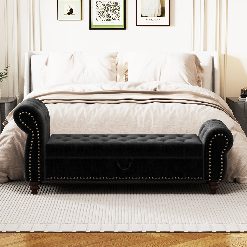 64.5 in Tufted Chaise Lounge Bench with Storage, Velvet Upholstery, Black