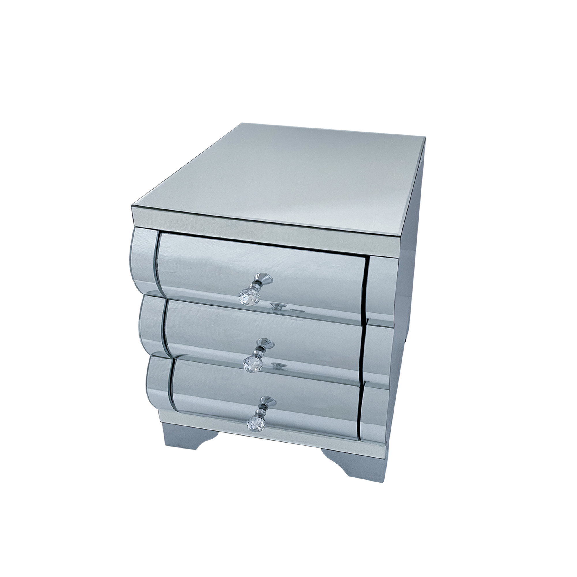 Curved Mirror Nightstand with 3-Drawer Glass Bedside Table, Silver, Bedroom