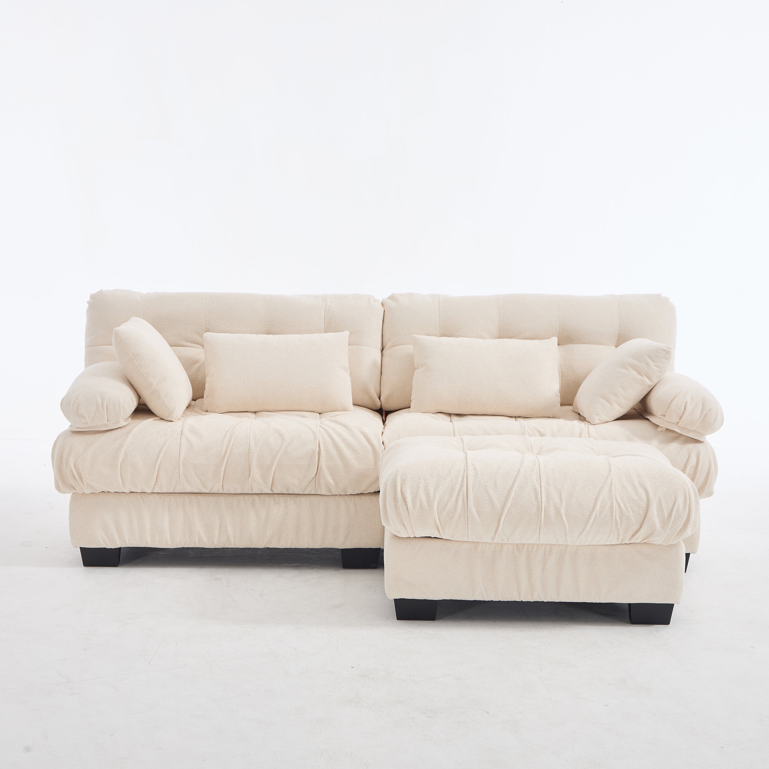 Sectional Sofa L-Shape Cloud Flannelette Beige 3 Seat 88 In 4 Pillows