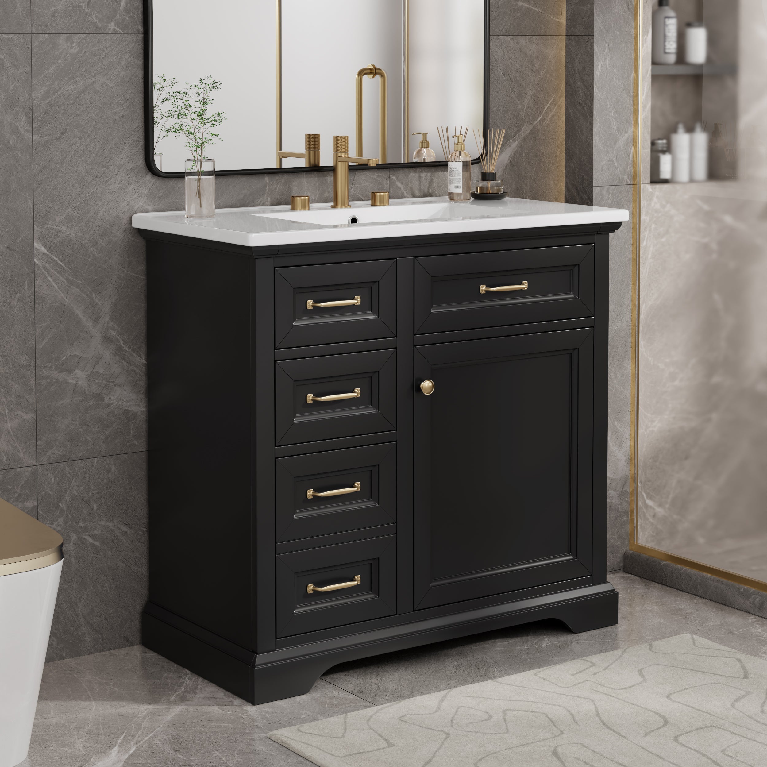 36-Inch Bathroom Vanity with Ceramic Sink Top, 4 Drawers and 1 Soft-Close Door