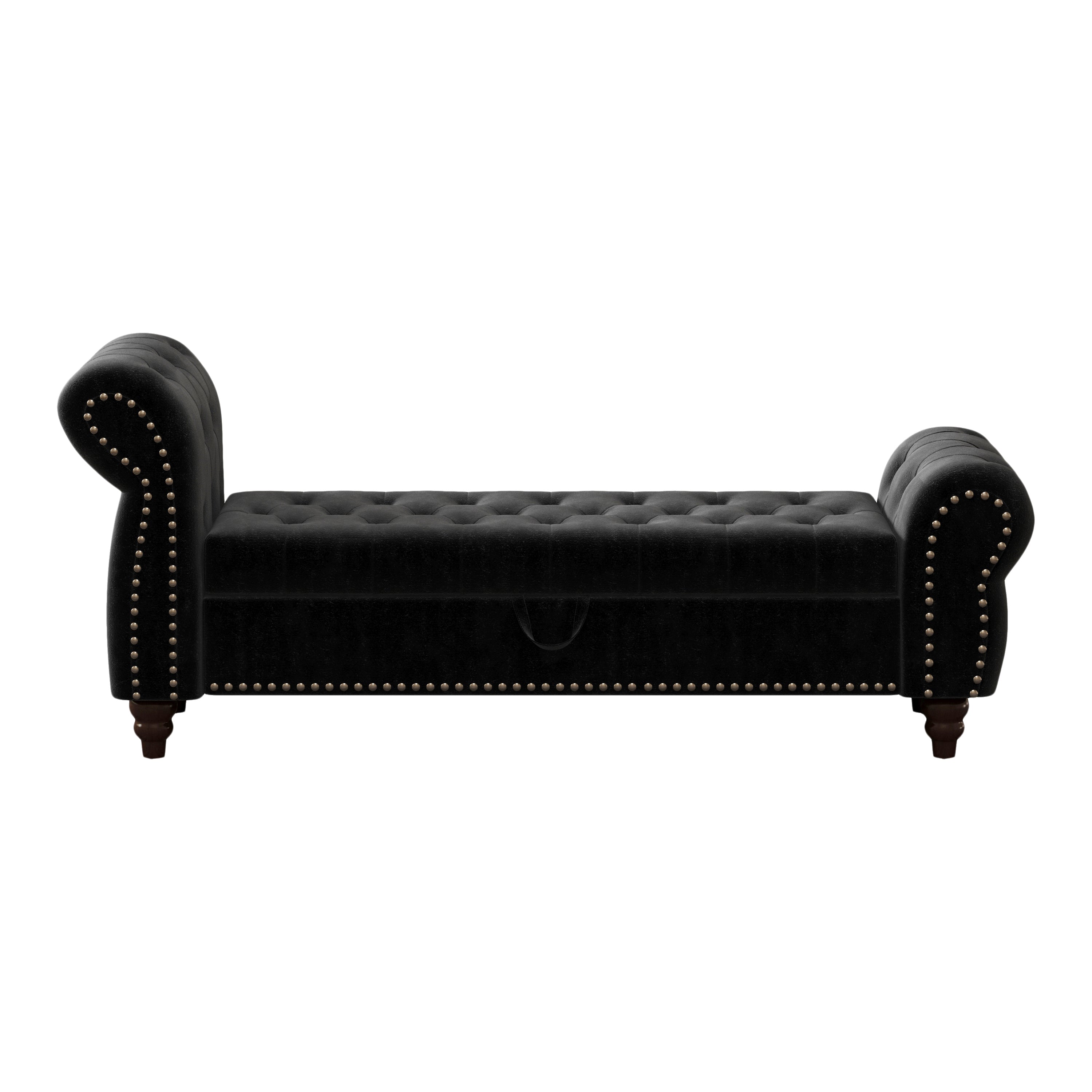 64.5 in Tufted Chaise Lounge Bench with Storage, Velvet Upholstery, Black