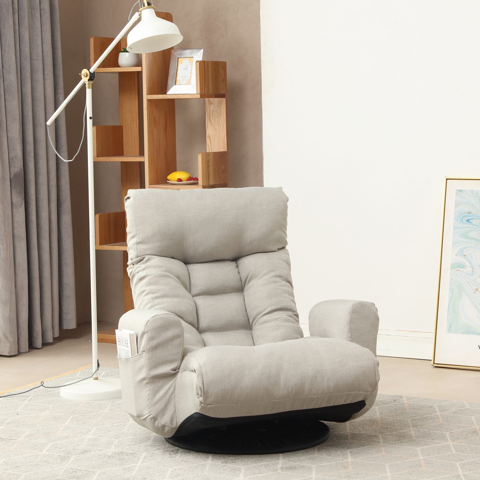 Floor Gaming Lounge Chair Swivel 360 Linen Gray 5-Position Adjustable 31x43 In