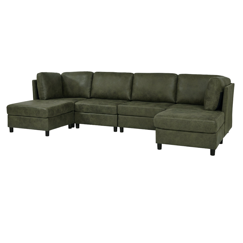 Sectional Sofa Modular Faux Leather Olive 6 Seat 124 In