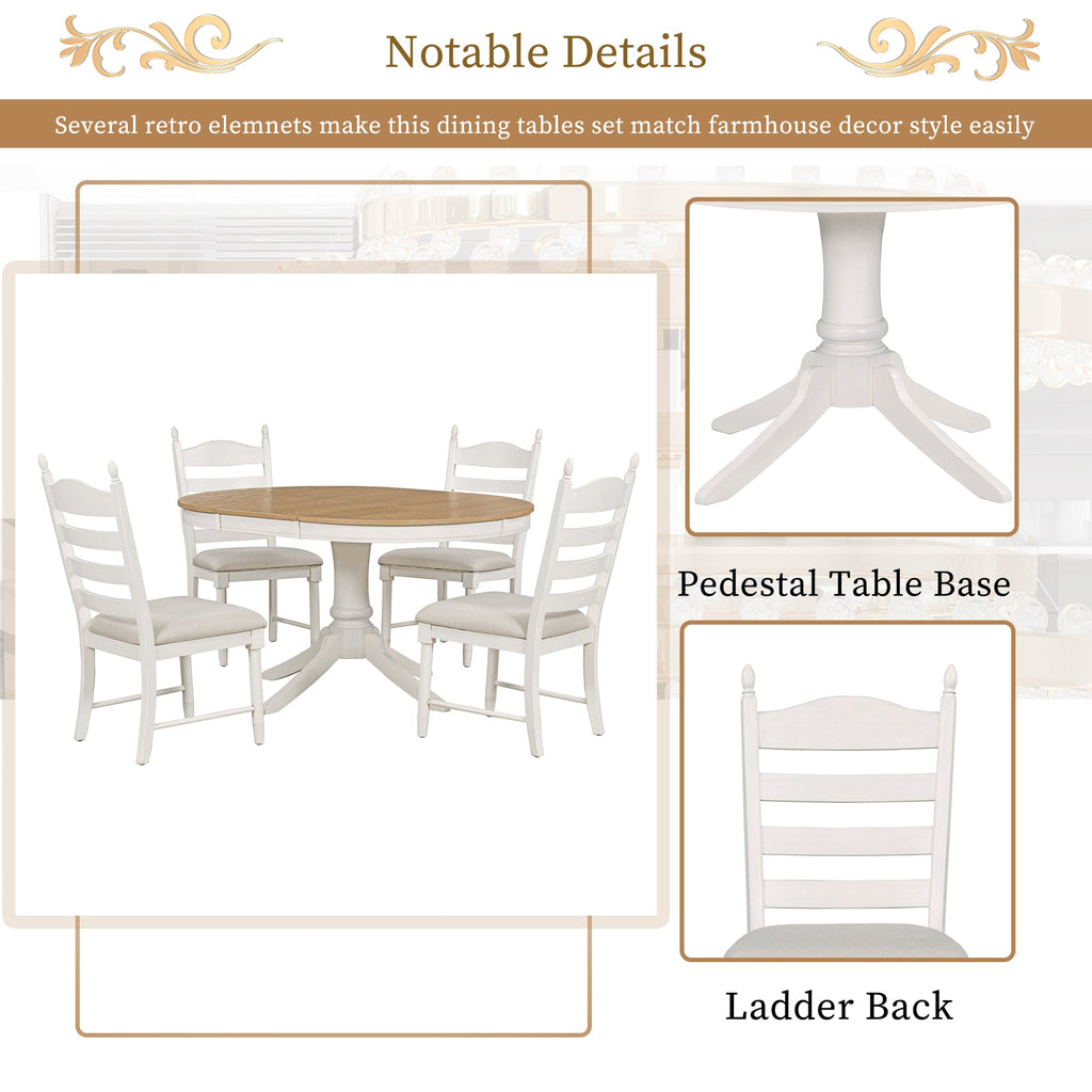 5-Piece Retro Functional Dining Table Set Wood Round Extendable Dining Table