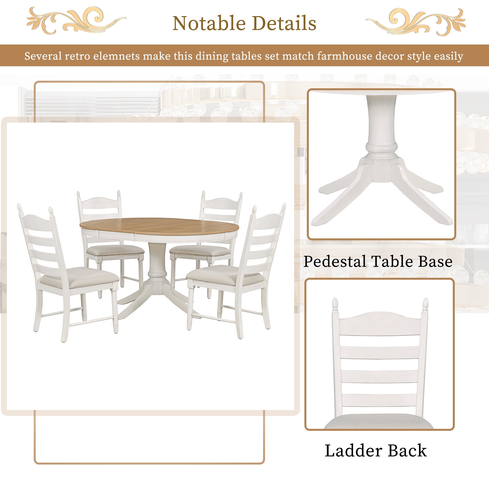 5-Piece Retro Functional Dining Table Set Wood Round Extendable Dining Table