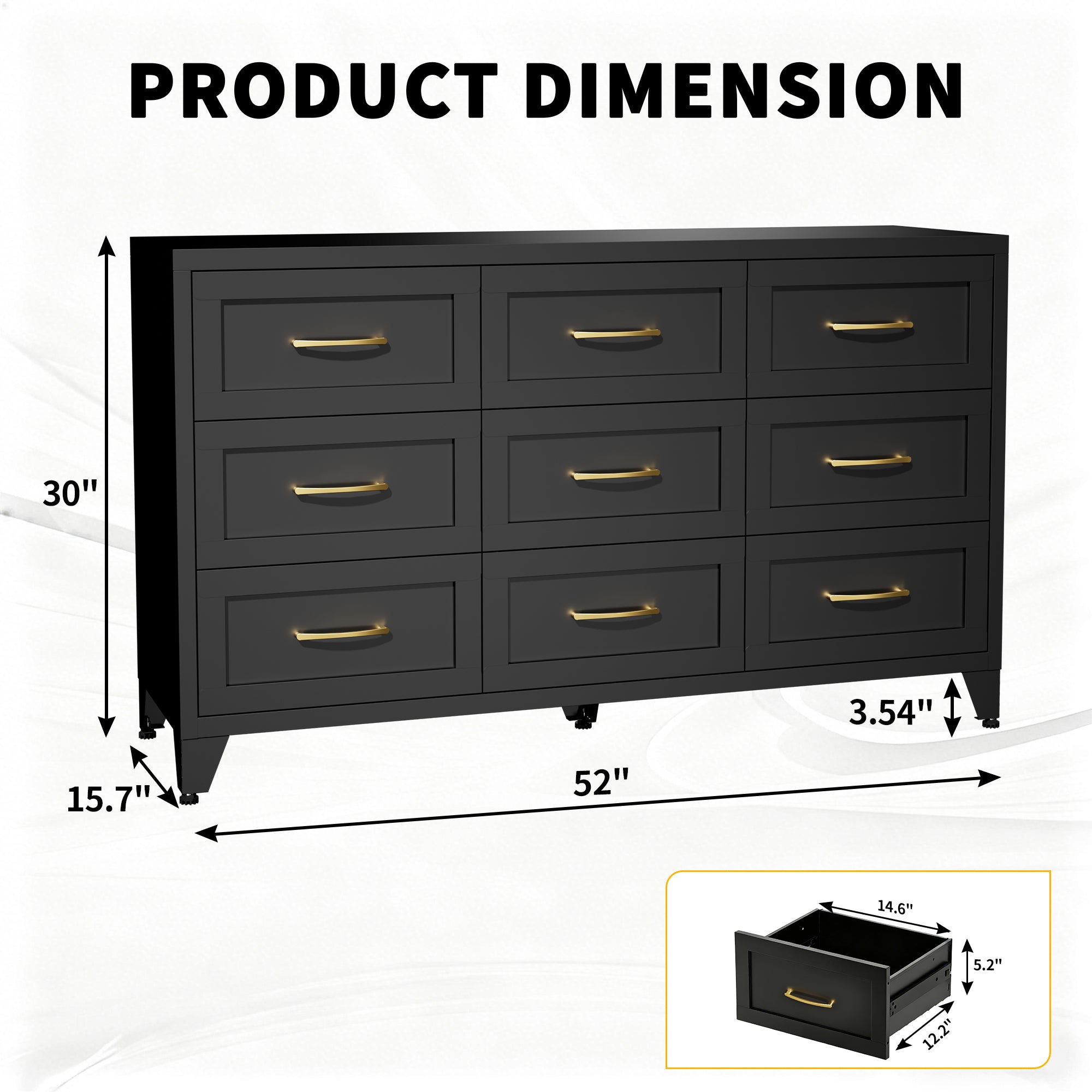 Dresser 9-Drawer Black Steel Smooth-Glide Powder Coat 52x15.8x30 In