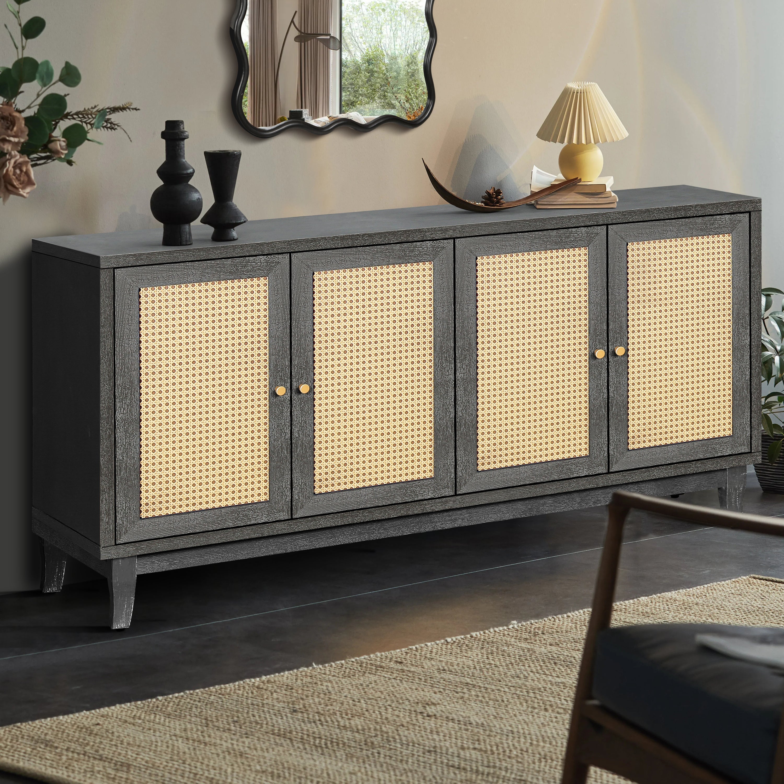 Rattan Sideboard Buffet Cabinet with 4 Rattan Doors, Antique Dark Grey