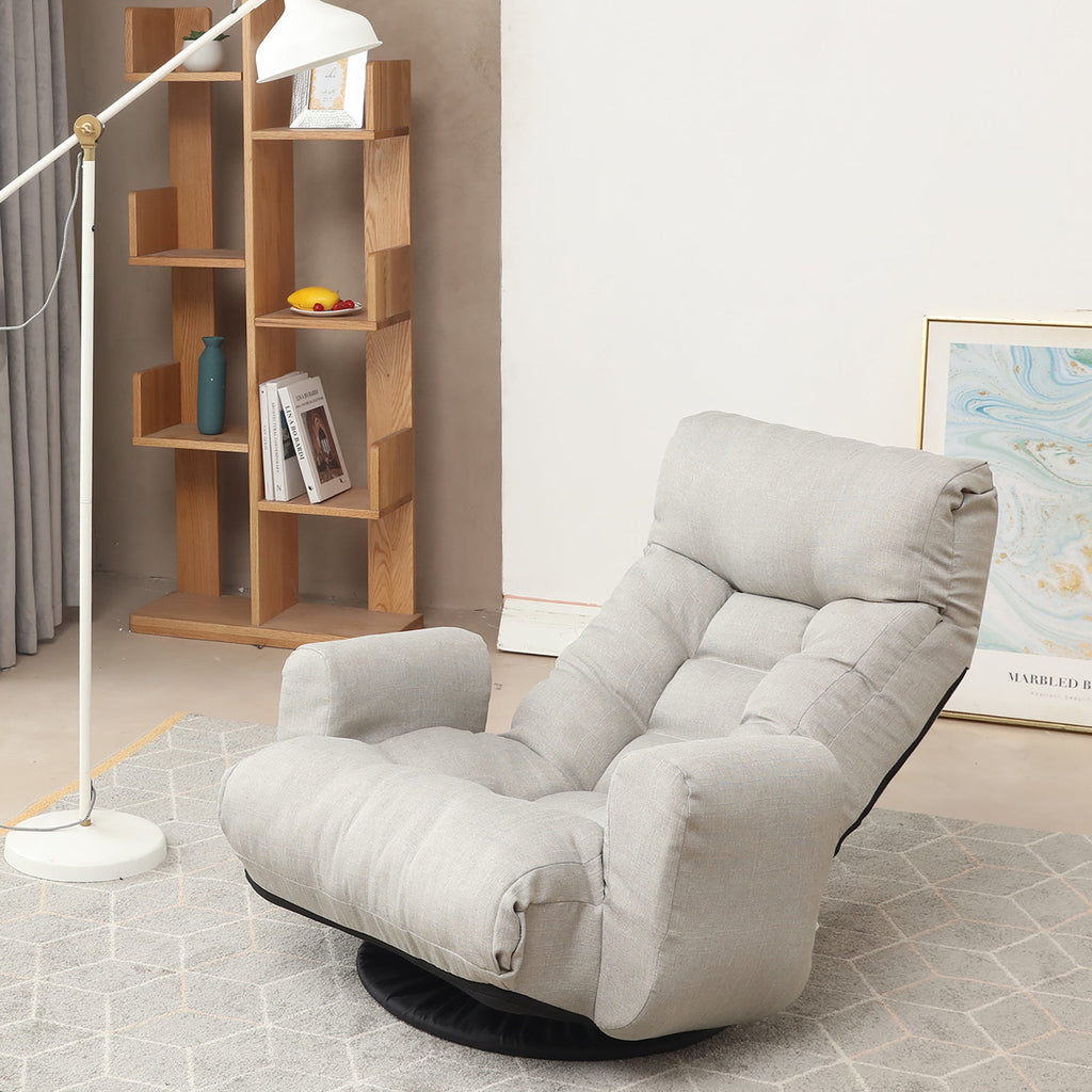 Floor Gaming Lounge Chair Swivel 360 Linen Gray 5-Position Adjustable 31x43 In