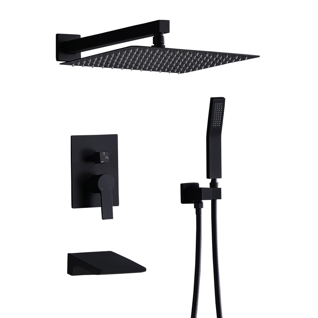 Matte Black All Metal Tub Shower Faucet Set with 12in Rain Shower Head, Wall