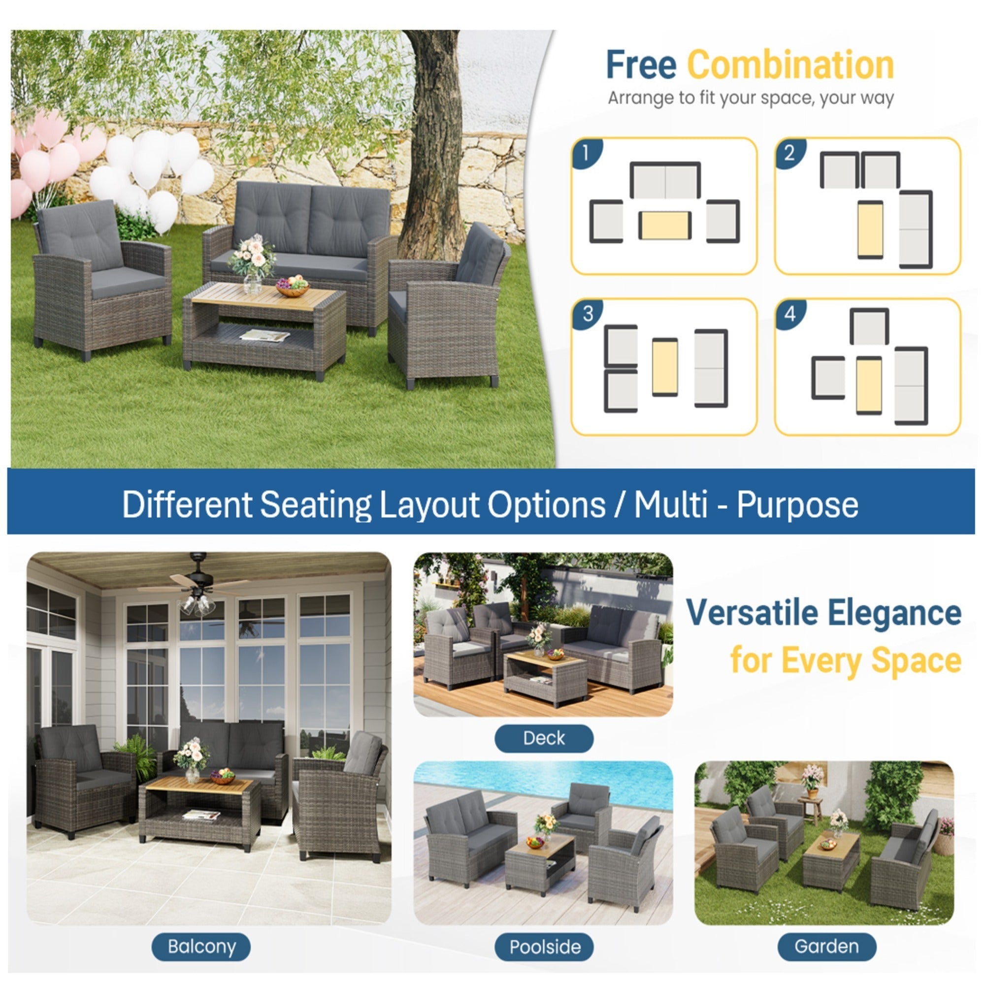 Outdoor Patio Set PE Rattan Gray 4 Piece Loveseat Chairs Acacia Table