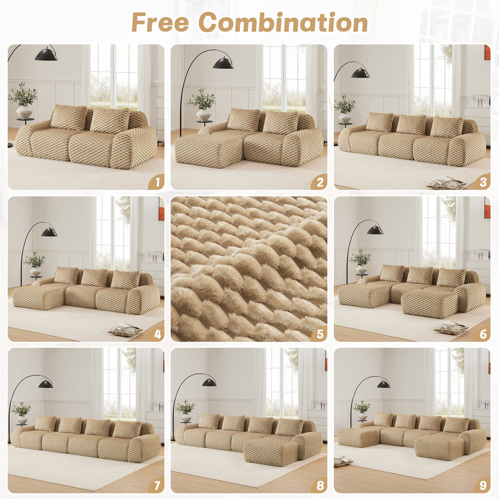 Sectional Sofa Modular Flannelette Camel 2 Seat Curved Footrest