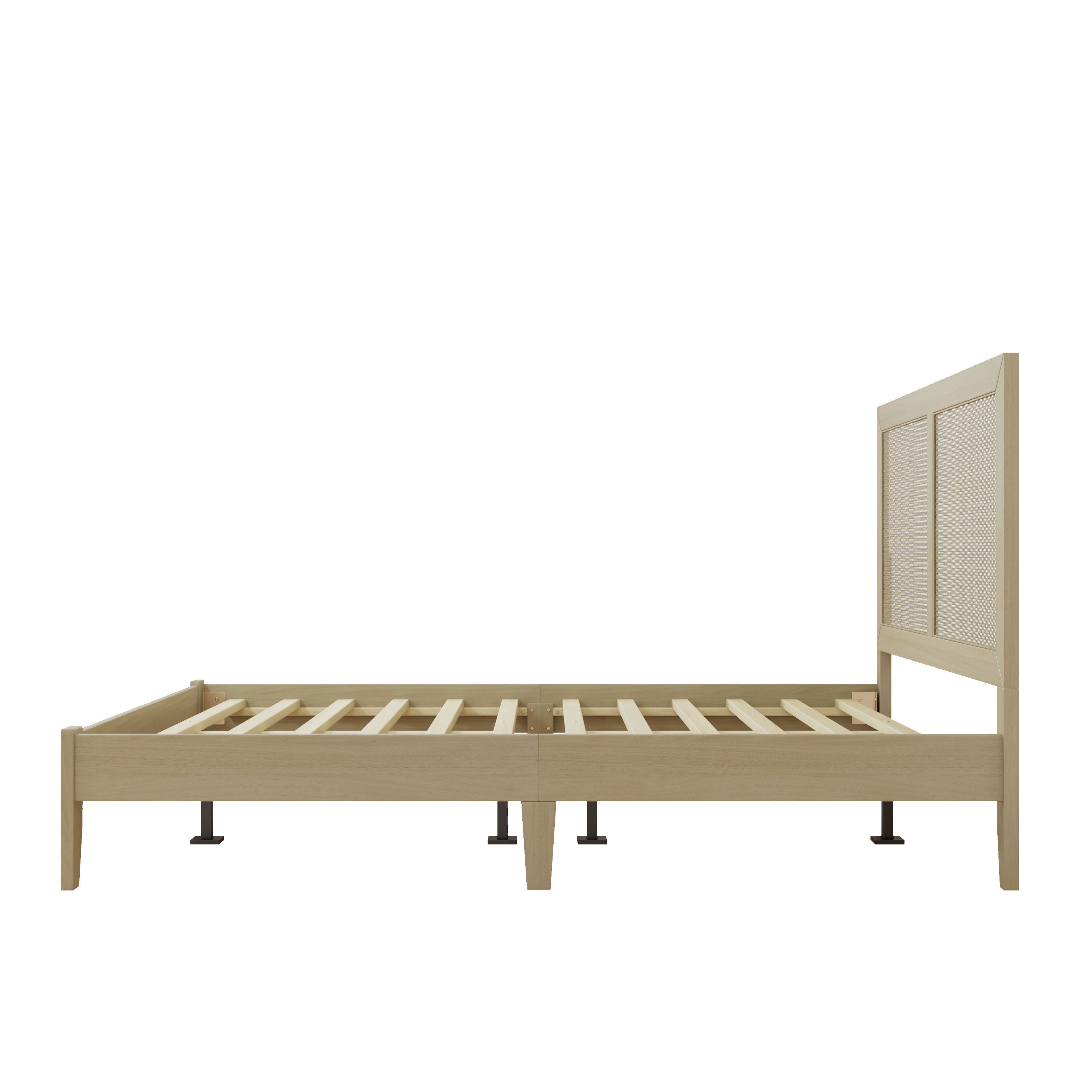 Solid Wood Platform Queen Bed With Rattan