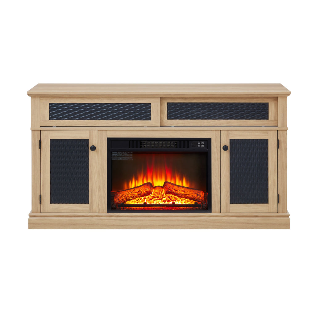 TV Stand Fireplace Light Oak MDF Embossed Doors 1400W Fits 65 In TV 58.27 In