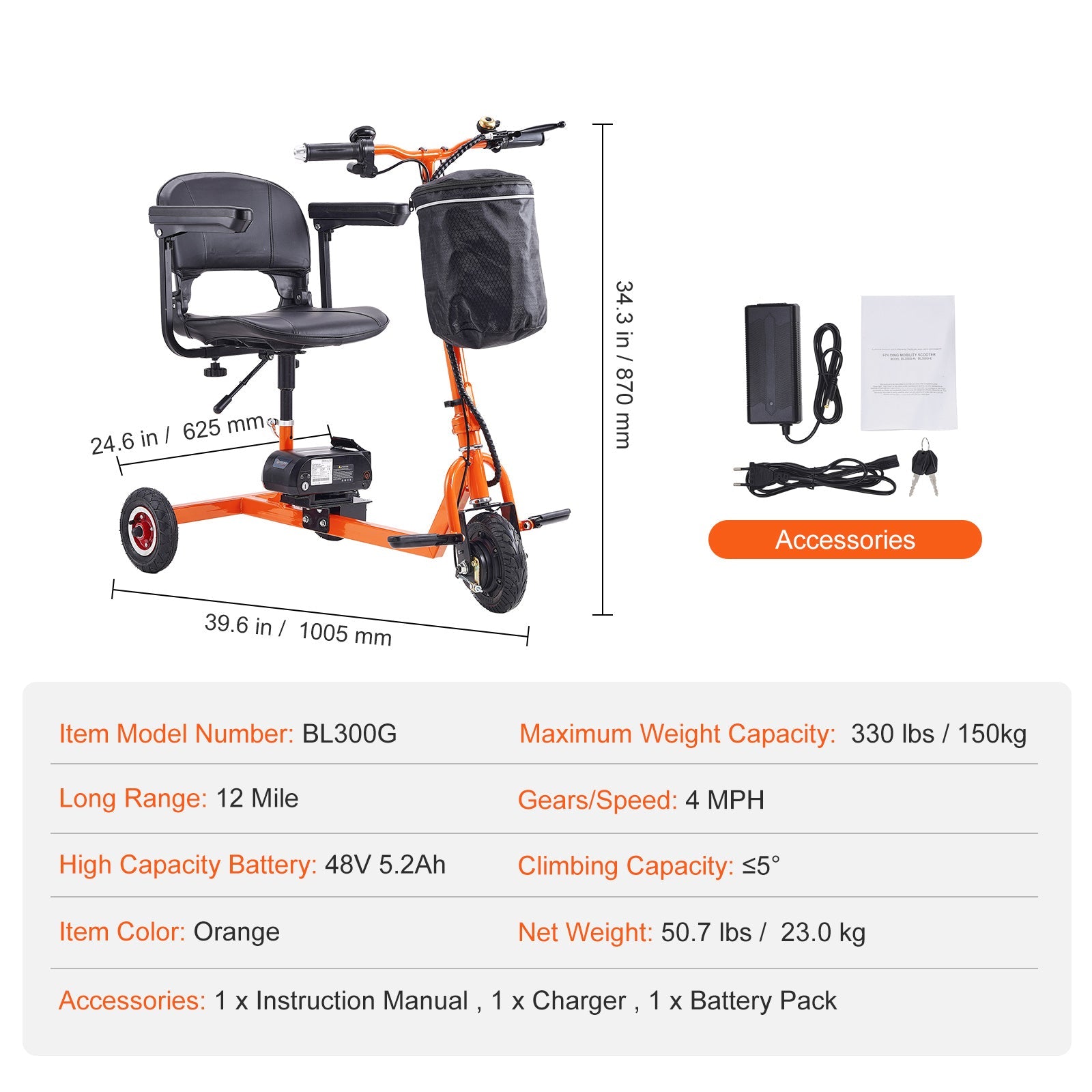 Mobility Scooter 3-Wheel Foldable Iron Orange 300 LB 12 Mile Range