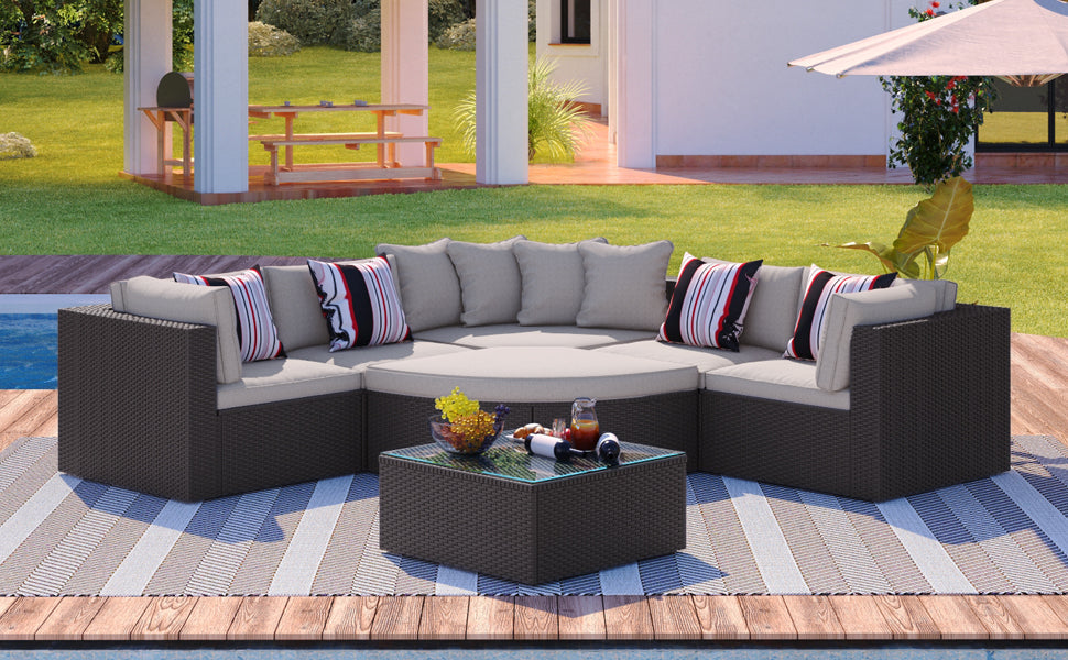 Outdoor Wicker Sofa Set Brown 7 Piece Colorful Pillows Seats 6