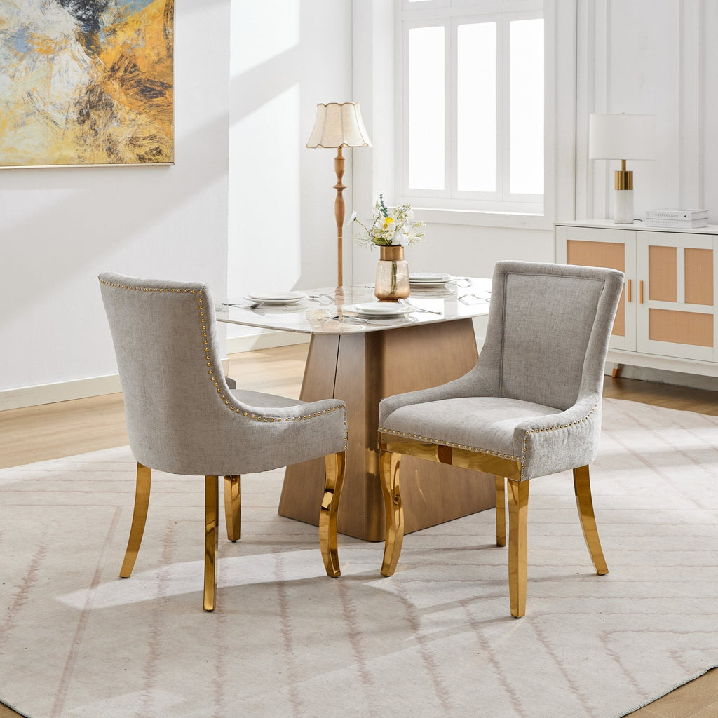 Chenille Dining Chairs, Modern Style with Curved Gold - Plated Legs & Rivet