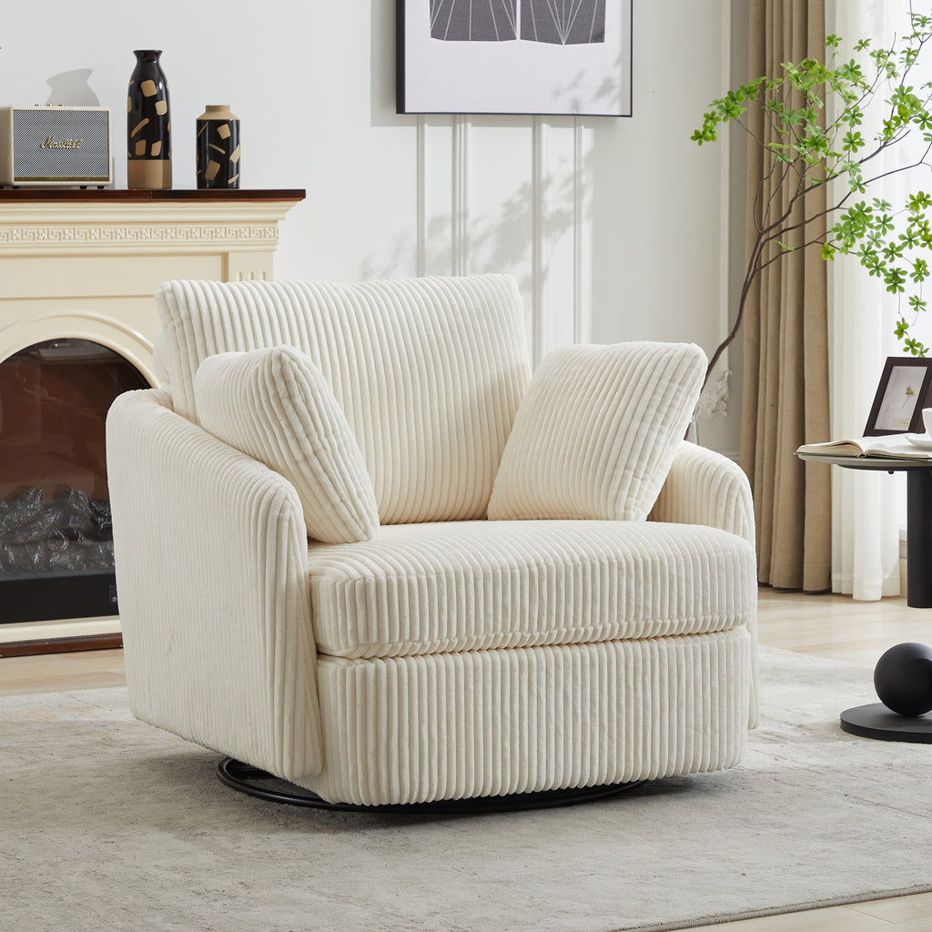 Accent Chair Swivel Round Oversized Corduroy Ivory 360 Degree 3 Pillows 40 In
