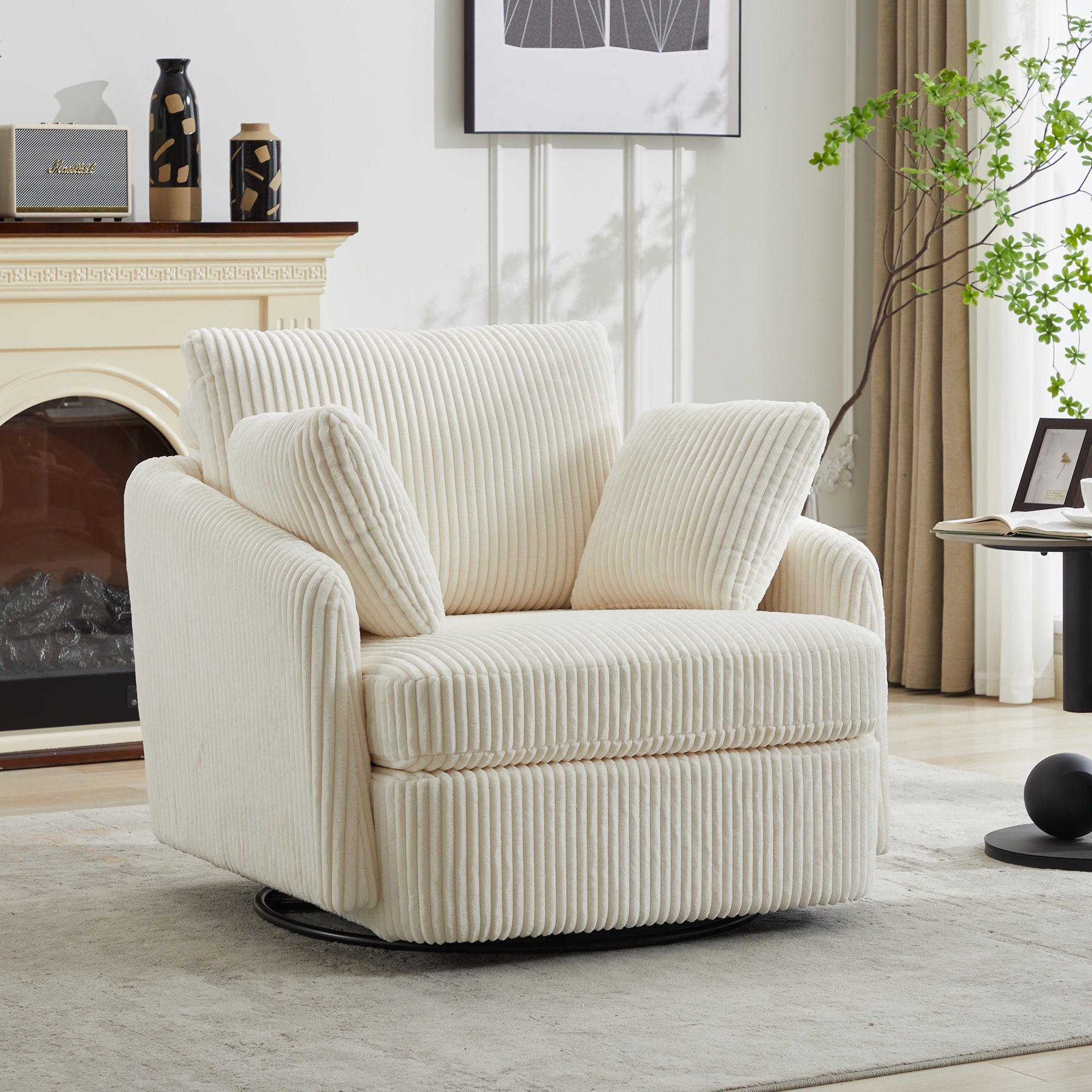 Accent Chair Swivel Round Oversized Corduroy Ivory 360 Degree 3 Pillows 40 In