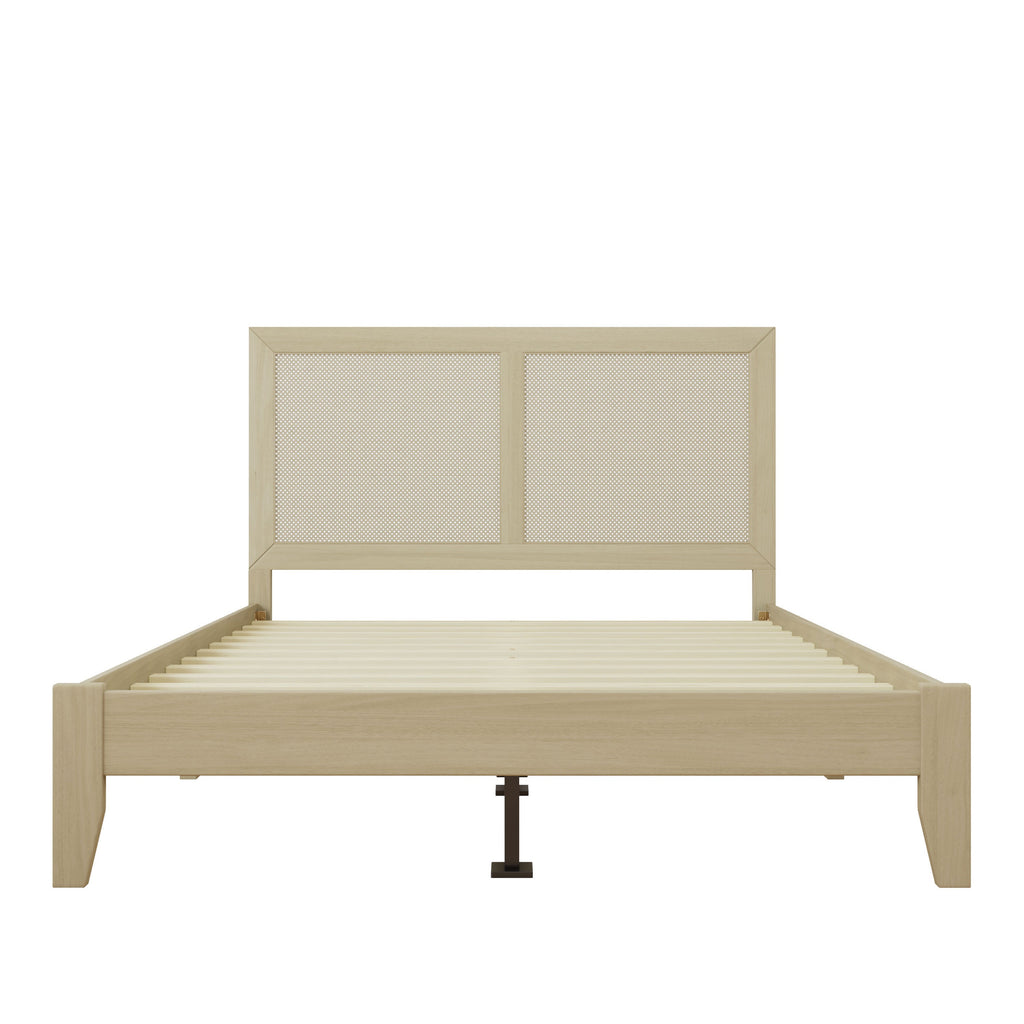 Solid Wood Platform Queen Bed With Rattan