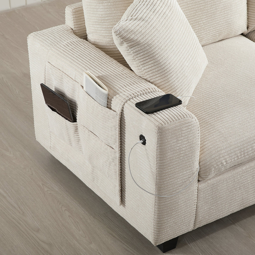 Sectional Sofa U-Shape Corduroy Beige 6 Seat Storage Ottoman USB 140 In