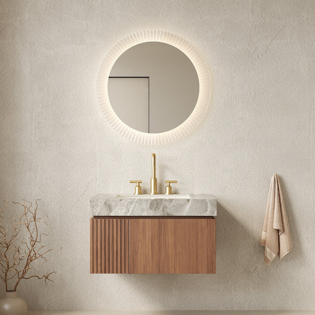30' Floating Bathroom Vanity with Sintered Stone Top and Ceramic Basin, Brown Oak