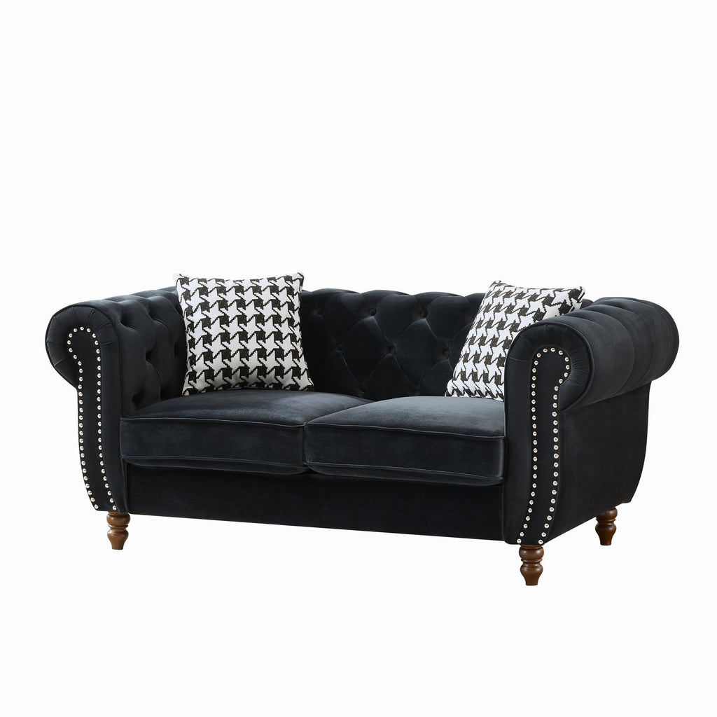 Loveseat Mid-Century Chesterfield Velvet Black 2 Seat Rolled Arms 67 In 450 LB