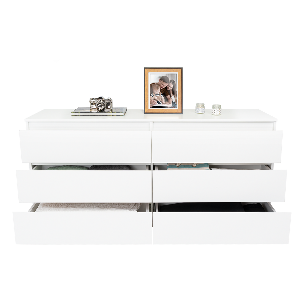 Dresser Minimalist Set of 2 6-Drawer White Particle Board Metal Legs 60.4 In