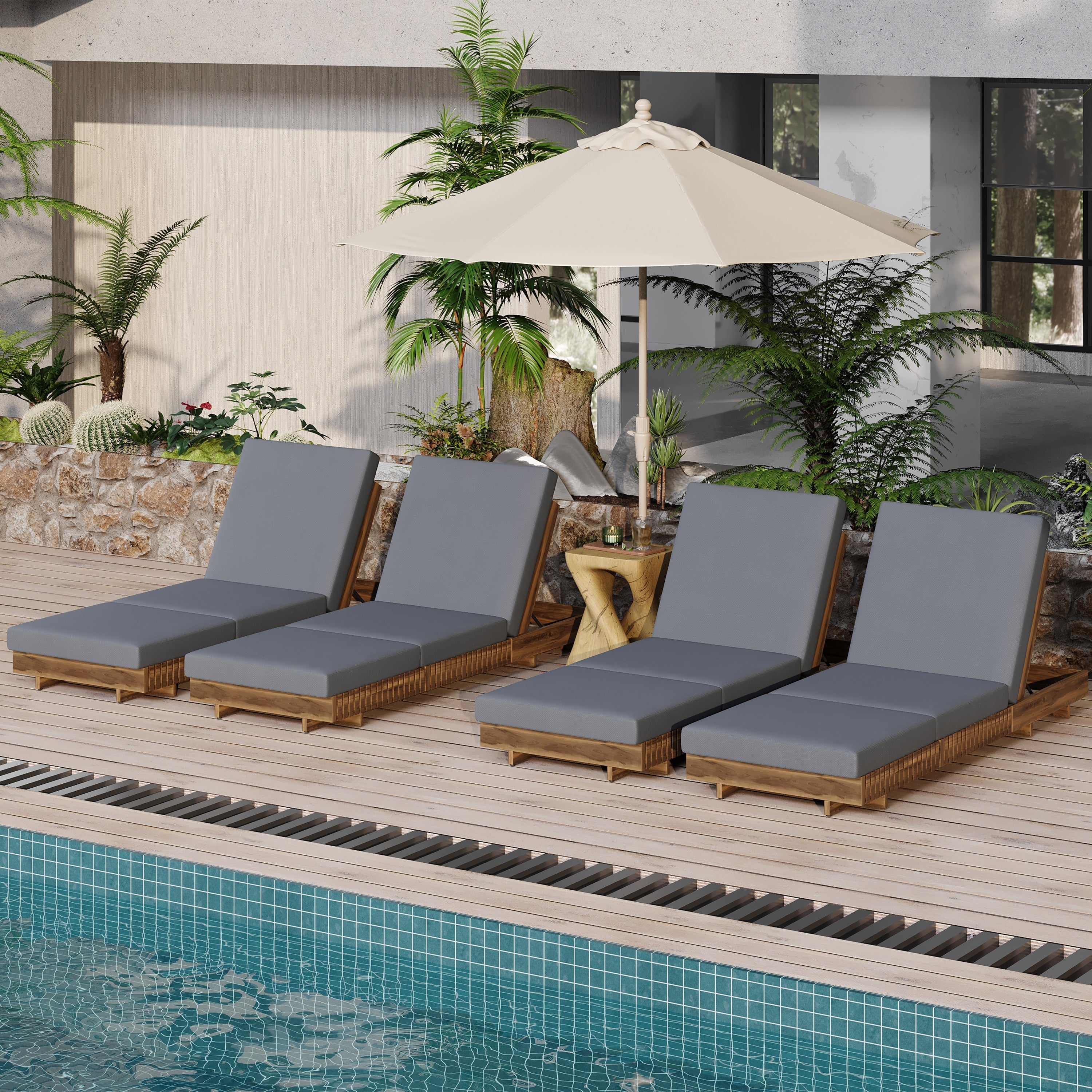 Outdoor Chaise Lounge Acacia Wood Dark Gray 6 Position Adjustable