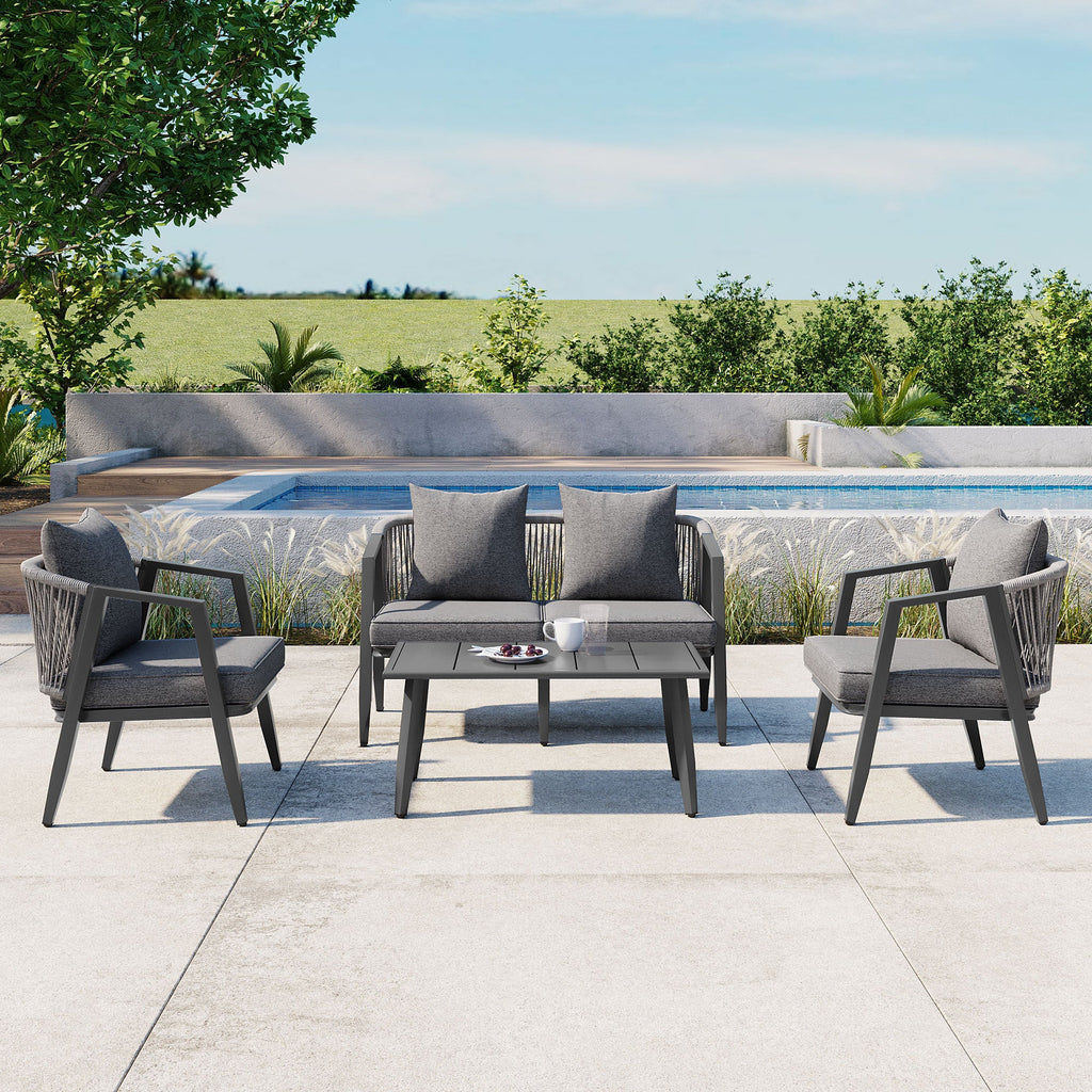 Outdoor Seating Set 4 Piece Bench Chairs Table Iron Gray